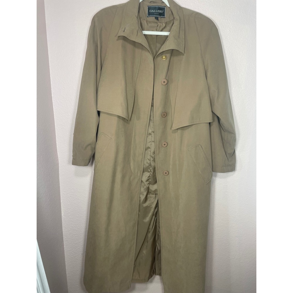 Gallery Petite Womens Tan Khaki Trench Coat Gold Crest Buttons Size 12 Petite - Picture 11 of 13